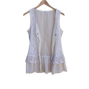 Naranka Boho Sheer Lace Ruffle Flounce Peplum Rhinestone Grommet Tie Vest Sz M